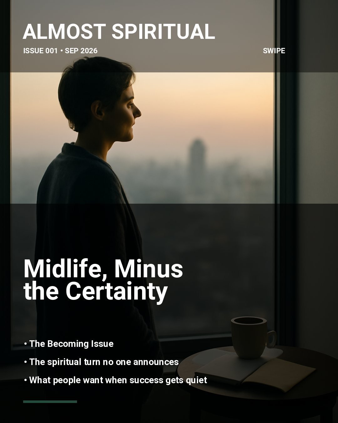 A contemplative cover scene with a person by a window at dawn, notebook and tea in the foreground, city softly blurred behind.